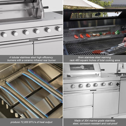 98.4 Inch Outdoor Kitchen Island, 72000 BTU Modular Propane Gas Grill Combination with Refrigerator and Sink, Outdoor Stainless Steel Barbecue Bar, Propane Grill for Patios, Gardens, Parties