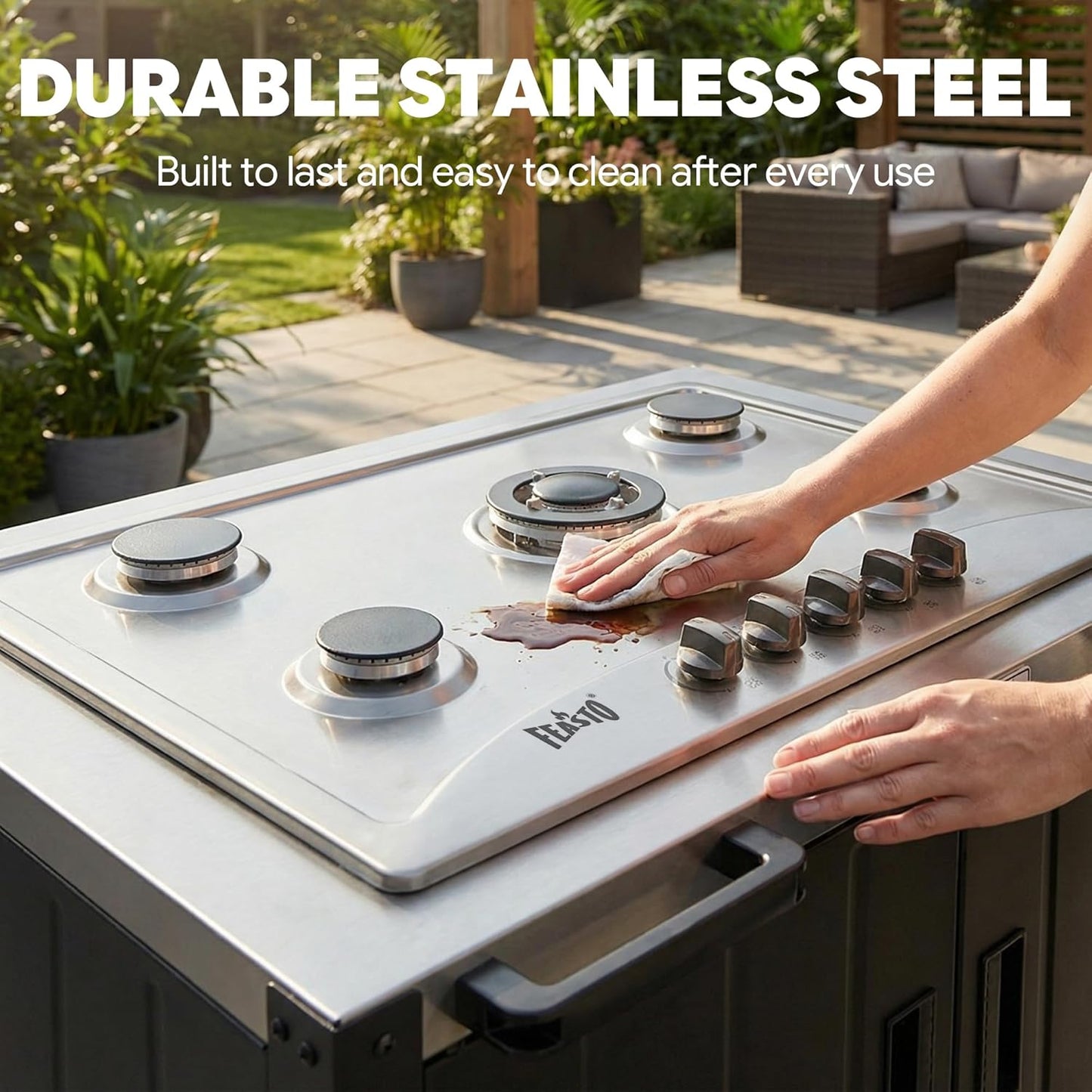 Outdoor Kitchen Island with Propane Gas Stove and Storage Cabinet, 35-Inch Outdoor Cooking Station with 304 Stainless Steel Top & Lockable Wheels for Backyard Patio, Black & Silver