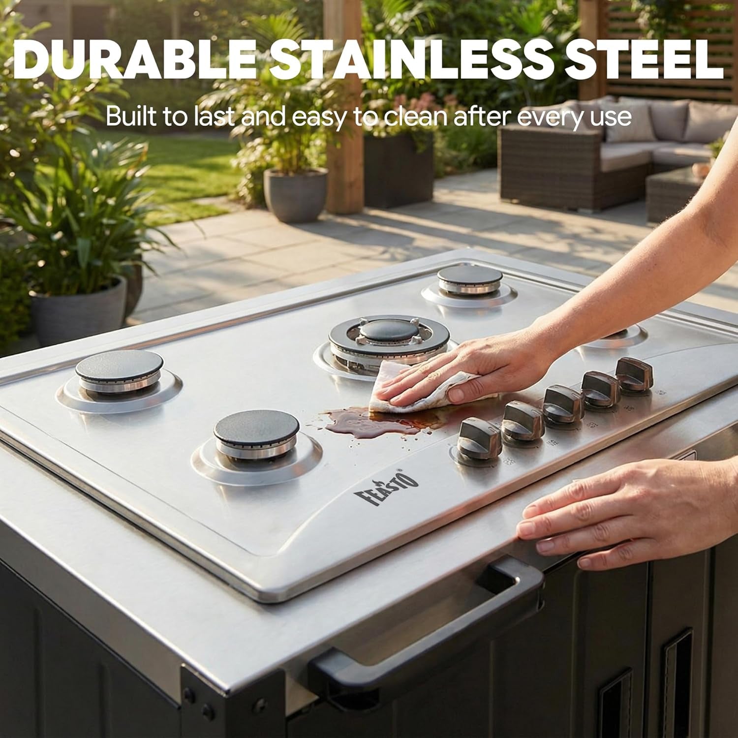 Outdoor Kitchen Island with Propane Gas Stove and Storage Cabinet, 35-Inch Outdoor Cooking Station with 304 Stainless Steel Top & Lockable Wheels for Backyard Patio, Black & Silver
