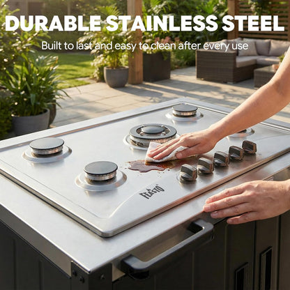 Outdoor Kitchen Island with Propane Gas Stove and Storage Cabinet, 35-Inch Outdoor Cooking Station with 304 Stainless Steel Top & Lockable Wheels for Backyard Patio, Black & Silver