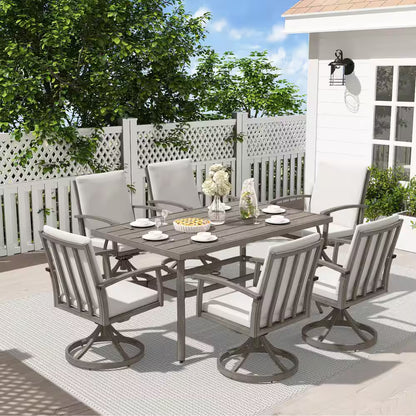 Alulux 7-Piece Aluminum Outdoor Dining Set with Swivel Rockers Chairs and Gray Cushions