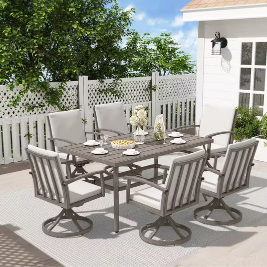Alulux 7-Piece Aluminum Outdoor Dining Set with Swivel Rockers Chairs and Gray Cushions