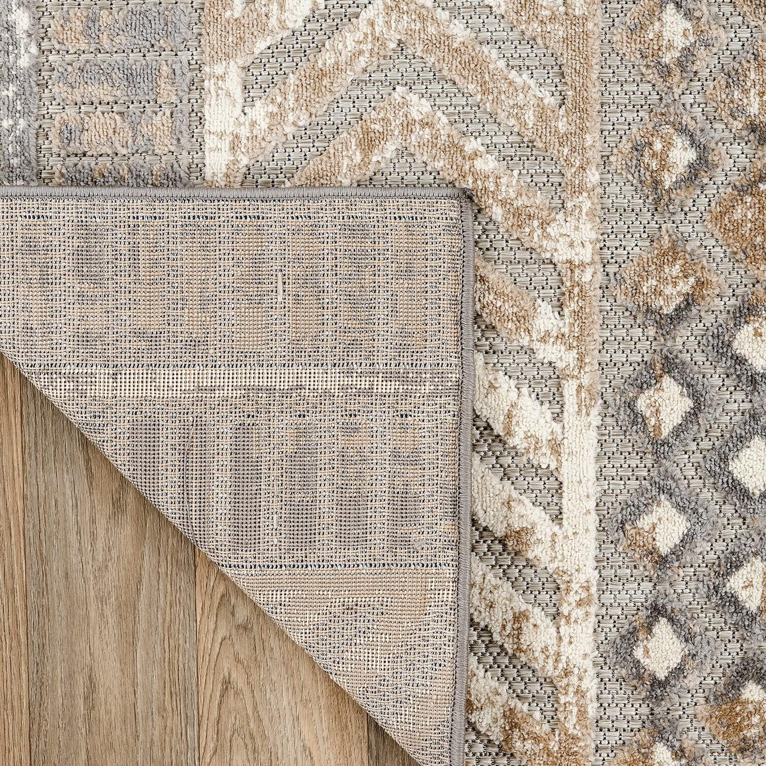 Distressed Geometric Indoor/Outdoor Beige Area Rug Modern Tribal Stripe, Durable Stain Resistant Perfect for Patio, Backyard, Deck and Outdoor Lounge 5' X 7'