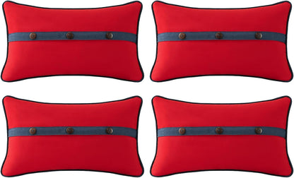 Outdoor Sunbrella Decorative Pillows with Triple Coconut Buttons Pack of 4, 20" X 12" Outdoor Pillow Set for Couch Bed Throw Patio Sofa, Canvas Logo Red/Specrtum Indigo