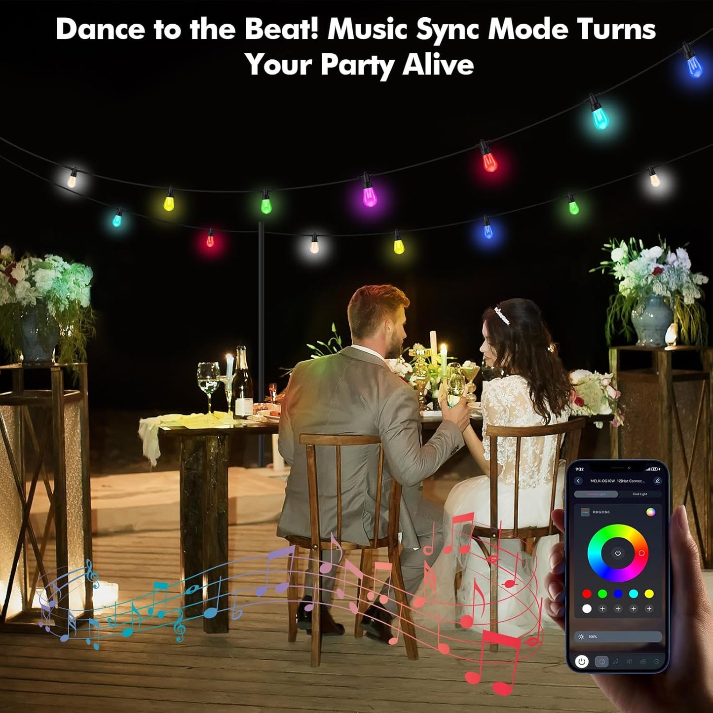 Outdoor String Lights Waterproof Patio Lights 104FT (2X52Ft) 40 RGBW Dimmable LED Bulbs, APP & Remote Control, Shatterproof Hanging Color Changing Lights for outside Backyard Party Porch Balcony
