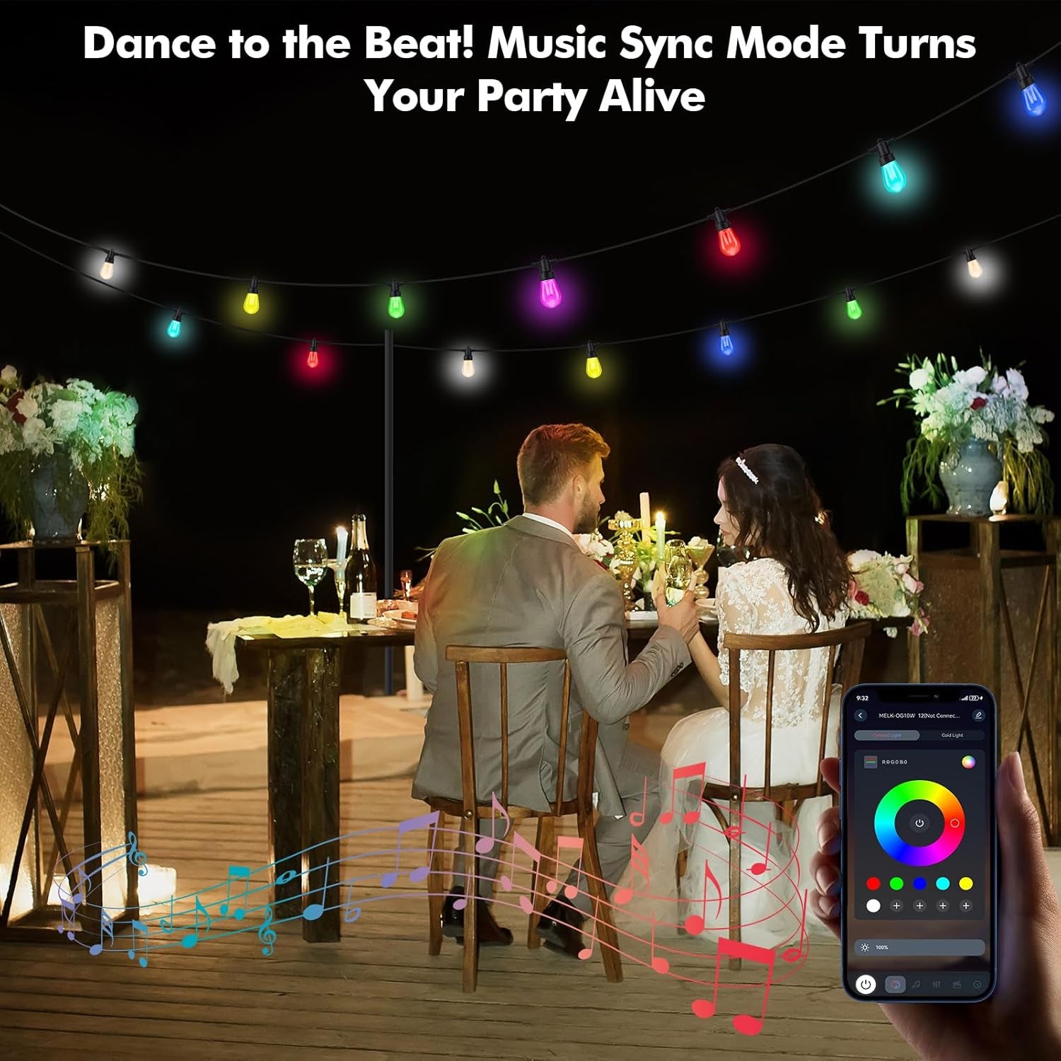 Outdoor String Lights Waterproof Patio Lights 104FT (2X52Ft) 40 RGBW Dimmable LED Bulbs, APP & Remote Control, Shatterproof Hanging Color Changing Lights for outside Backyard Party Porch Balcony