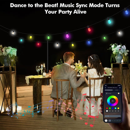 Outdoor String Lights Waterproof Patio Lights 104FT (2X52Ft) 40 RGBW Dimmable LED Bulbs, APP & Remote Control, Shatterproof Hanging Color Changing Lights for outside Backyard Party Porch Balcony