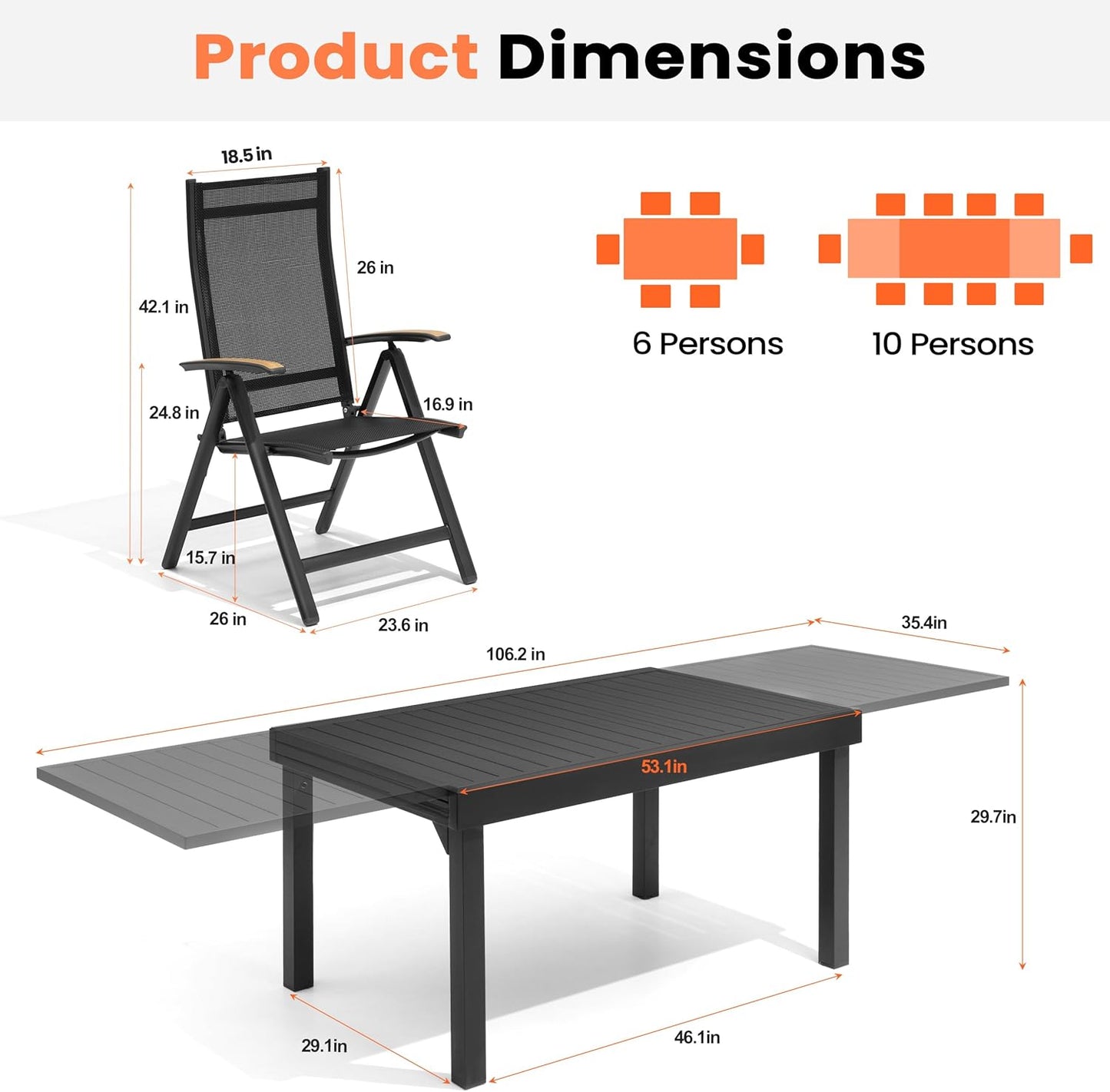 11 Pieces Aluminum Outdoor Dining Set for 6-10 Person, 53" - 106" Expandable Outdoor Dining Table and 10 Foldable Chairs, Weather Resistant Outdoor Furniture Set for Deck, Porch & Backyard