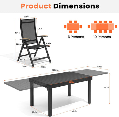 11 Pieces Aluminum Outdoor Dining Set for 6-10 Person, 53" - 106" Expandable Outdoor Dining Table and 10 Foldable Chairs, Weather Resistant Outdoor Furniture Set for Deck, Porch & Backyard