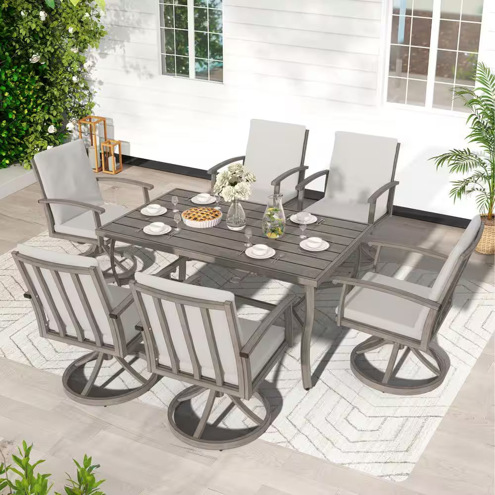 Alulux 7-Piece Aluminum Outdoor Dining Set with Swivel Rockers Chairs and Gray Cushions