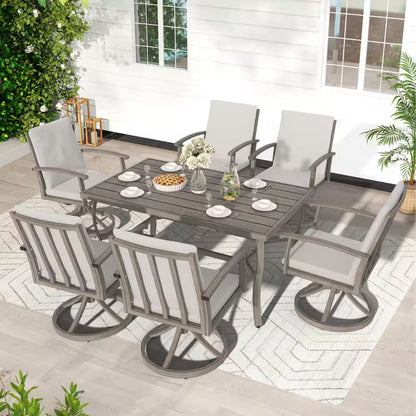 Alulux 7-Piece Aluminum Outdoor Dining Set with Swivel Rockers Chairs and Gray Cushions