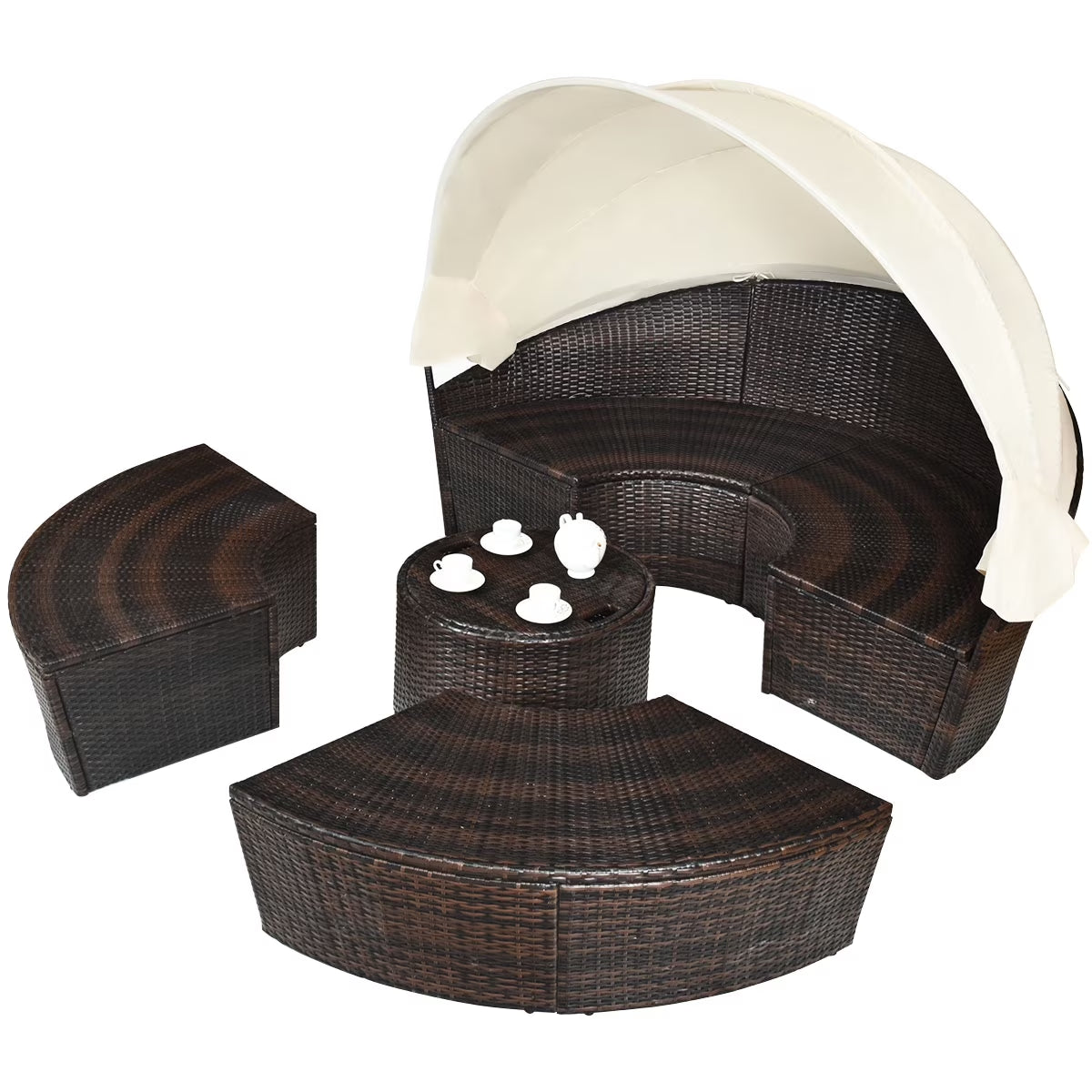 Cushioned Patio Rattan round Daybed W/ Adjustable Table 3 Pillows Canopy