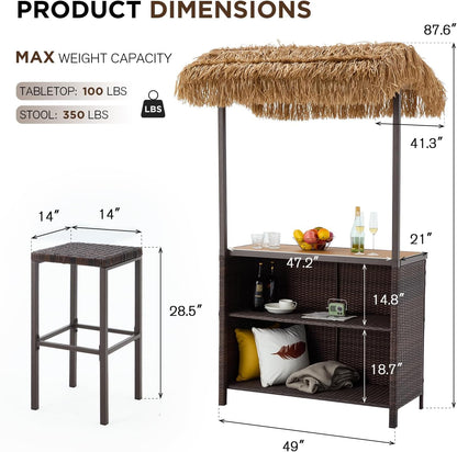 Outdoor Tiki Bar Set, 3 Pieces Wicker Patio Bar Set W/2 Height Stools, Storage Shelf, Canopy, Plastic Wood Tabletop for Backyard Poolside Garden, Brown