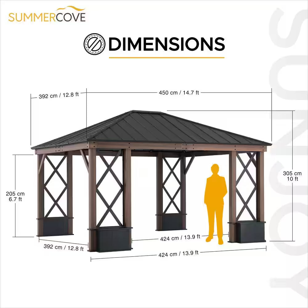 13 Ft. X 15 Ft. Black Galvanized Steel Aluminum Framed Hardtop Gazebo with Planters Shelves and Private Screen