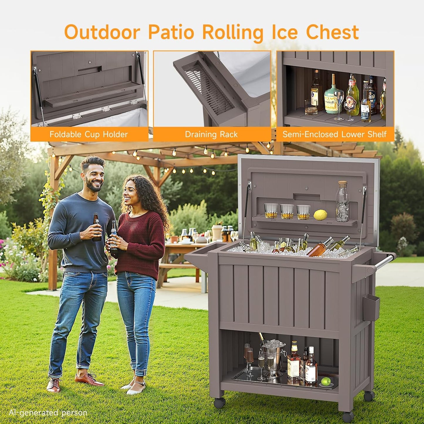 120-Quart Patio Cooler with Wheels, Outdoor Portable Rolling Cooler with Bottle Opener & Shelves, Stainless Steel Lid, Backyard Rolling Ice Chest for BBQ Party Camping Cookouts, Light Brown