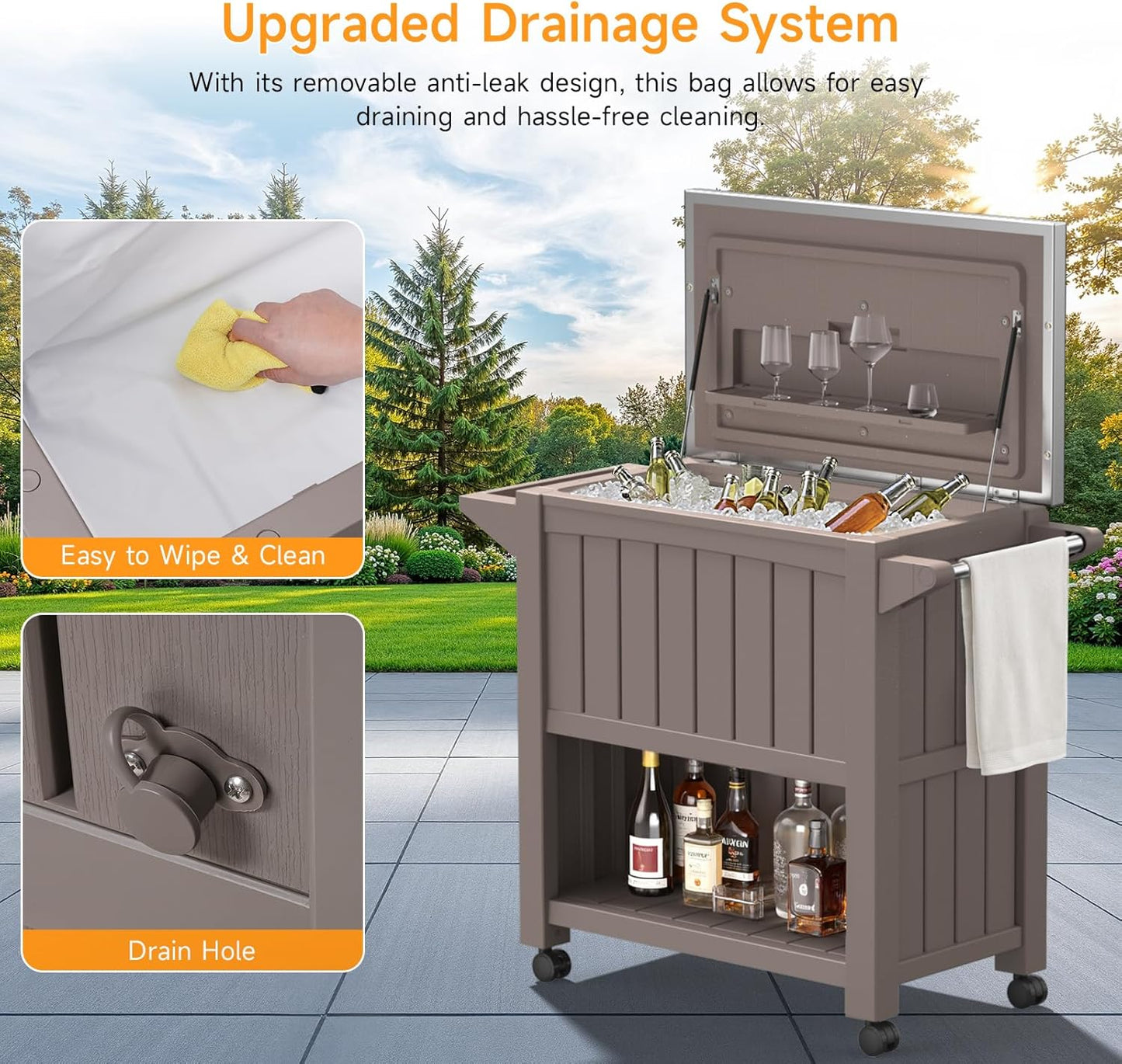 120-Quart Patio Cooler with Wheels, Outdoor Portable Rolling Cooler with Bottle Opener & Shelves, Stainless Steel Lid, Backyard Rolling Ice Chest for BBQ Party Camping Cookouts, Light Brown