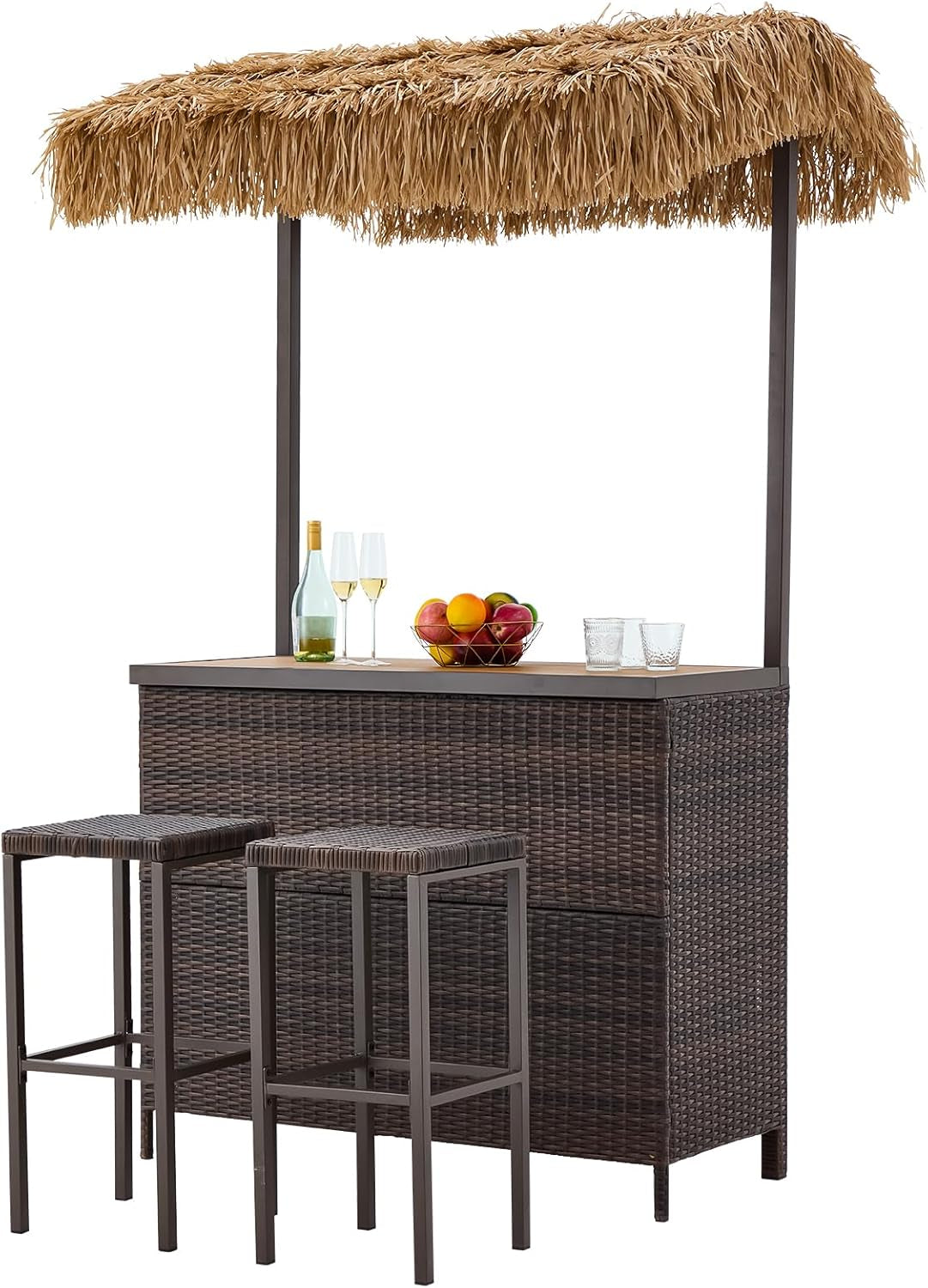 Outdoor Tiki Bar Set, 3 Pieces Wicker Patio Bar Set W/2 Height Stools, Storage Shelf, Canopy, Plastic Wood Tabletop for Backyard Poolside Garden, Brown