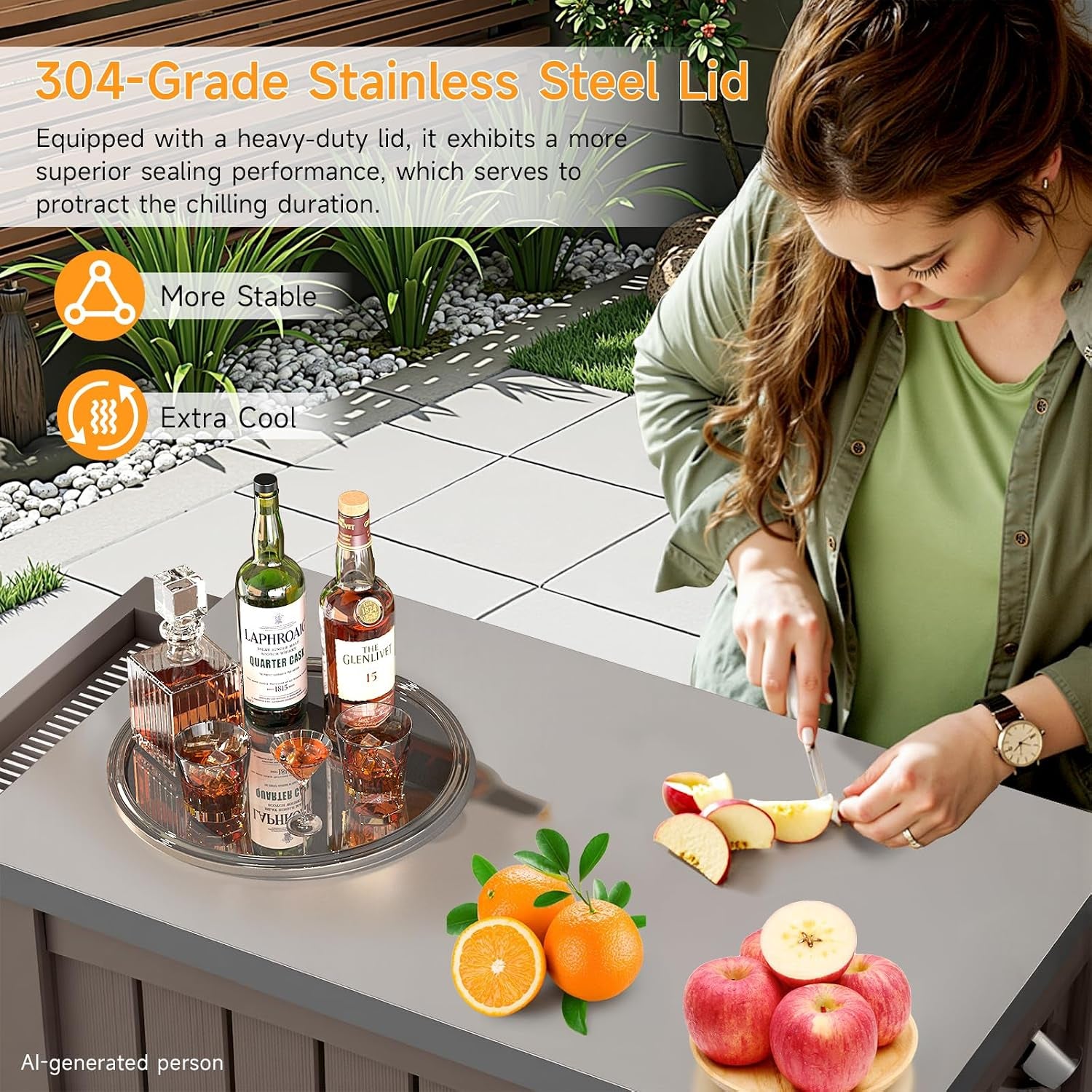 120-Quart Patio Cooler with Wheels, Outdoor Portable Rolling Cooler with Bottle Opener & Shelves, Stainless Steel Lid, Backyard Rolling Ice Chest for BBQ Party Camping Cookouts, Light Brown