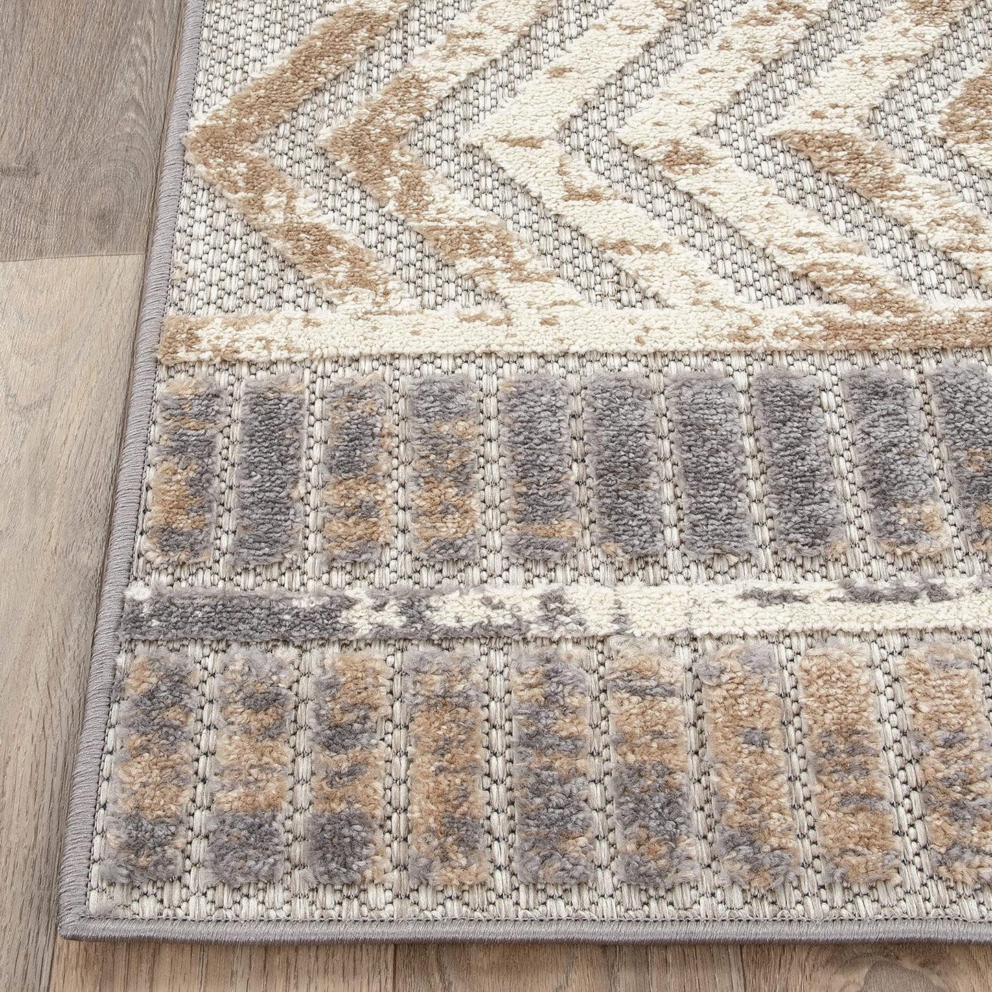 Distressed Geometric Indoor/Outdoor Beige Area Rug Modern Tribal Stripe, Durable Stain Resistant Perfect for Patio, Backyard, Deck and Outdoor Lounge 5' X 7'