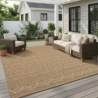 -Outdoor Rug-Patio Rug 8X10 Polypropylene Indoor Outdoor Rug Outdoor Carpet for Patio Deck Balcony Porch, Textured Weave, Durable for High Traffic, Fade-Resistant, Boho Farmhouse Neutral Brown