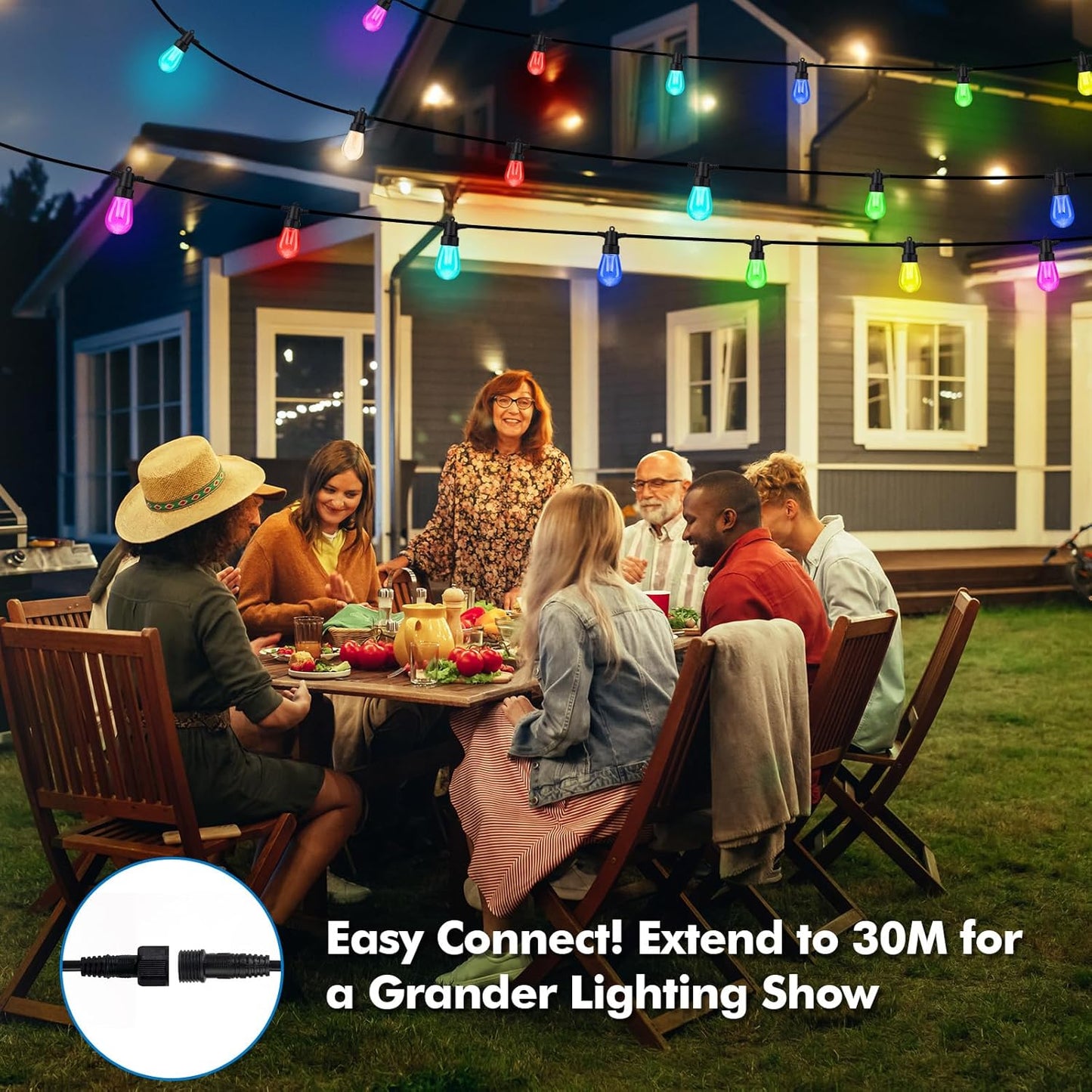 Outdoor String Lights Waterproof Patio Lights 104FT (2X52Ft) 40 RGBW Dimmable LED Bulbs, APP & Remote Control, Shatterproof Hanging Color Changing Lights for outside Backyard Party Porch Balcony