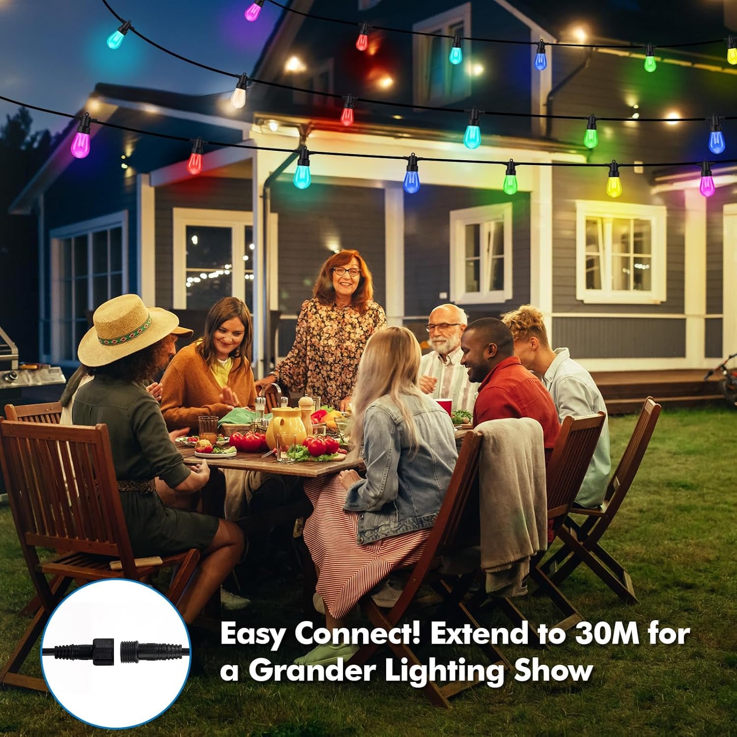 Outdoor String Lights Waterproof Patio Lights 104FT (2X52Ft) 40 RGBW Dimmable LED Bulbs, APP & Remote Control, Shatterproof Hanging Color Changing Lights for outside Backyard Party Porch Balcony