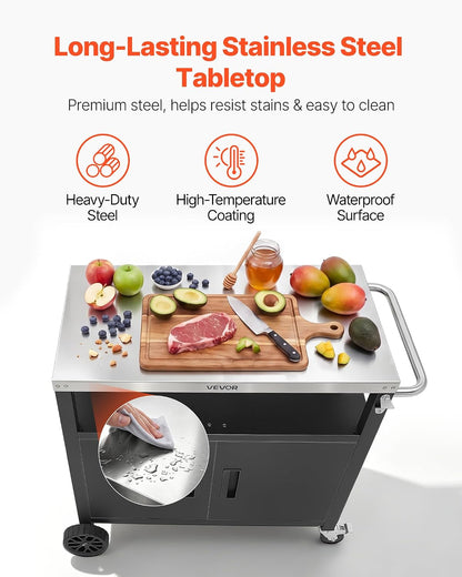 Outdoor Grill Cart with Storage Cabinet, 36.4 Inch Grill Table, Waterproof Kitchen Island with Stainless Steel Top, Shelf, and Wheels, Movable Food Prep Station for Patio Bar Backyard BBQ