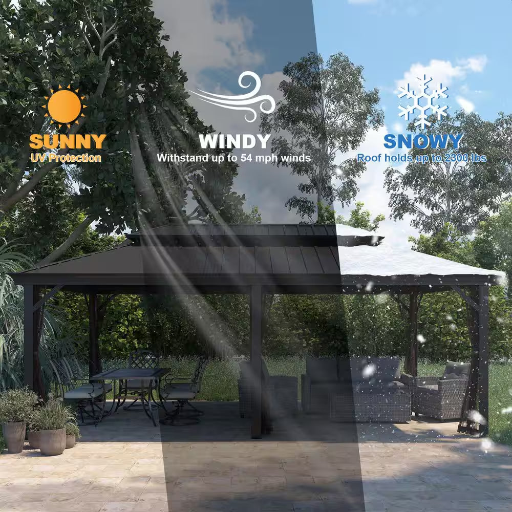 12 Ft. X 20 Ft. Brown Aluminum Frame Double Iron Roof Hardtop Gazebo with Hooks and Mosquito Netting, for Backyard Patio