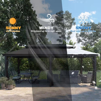 12 Ft. X 20 Ft. Brown Aluminum Frame Double Iron Roof Hardtop Gazebo with Hooks and Mosquito Netting, for Backyard Patio