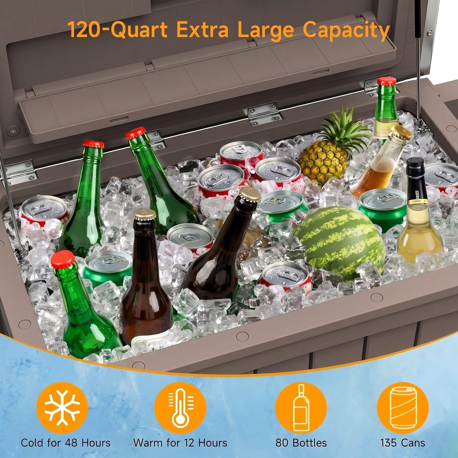 120-Quart Patio Cooler with Wheels, Outdoor Portable Rolling Cooler with Bottle Opener & Shelves, Stainless Steel Lid, Backyard Rolling Ice Chest for BBQ Party Camping Cookouts, Light Brown