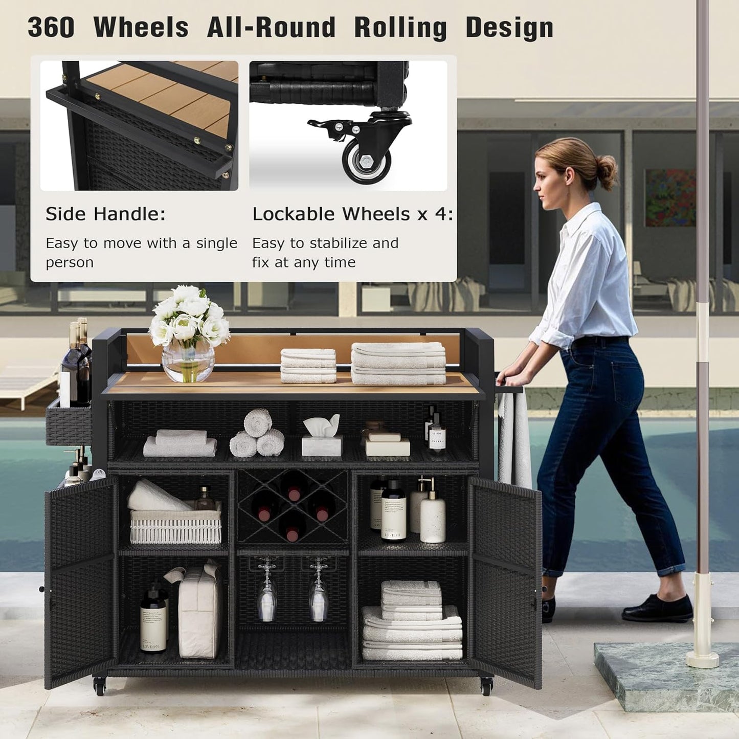 Outdoor Grill Cart BBQ Prep Station, Double Tabletop Rolling Wicker Kitchen Island with 7 Adjustable Shelves & Wine Rack, Weather-Resistant Storage Cabinet for Patio Backyard Garden, Black