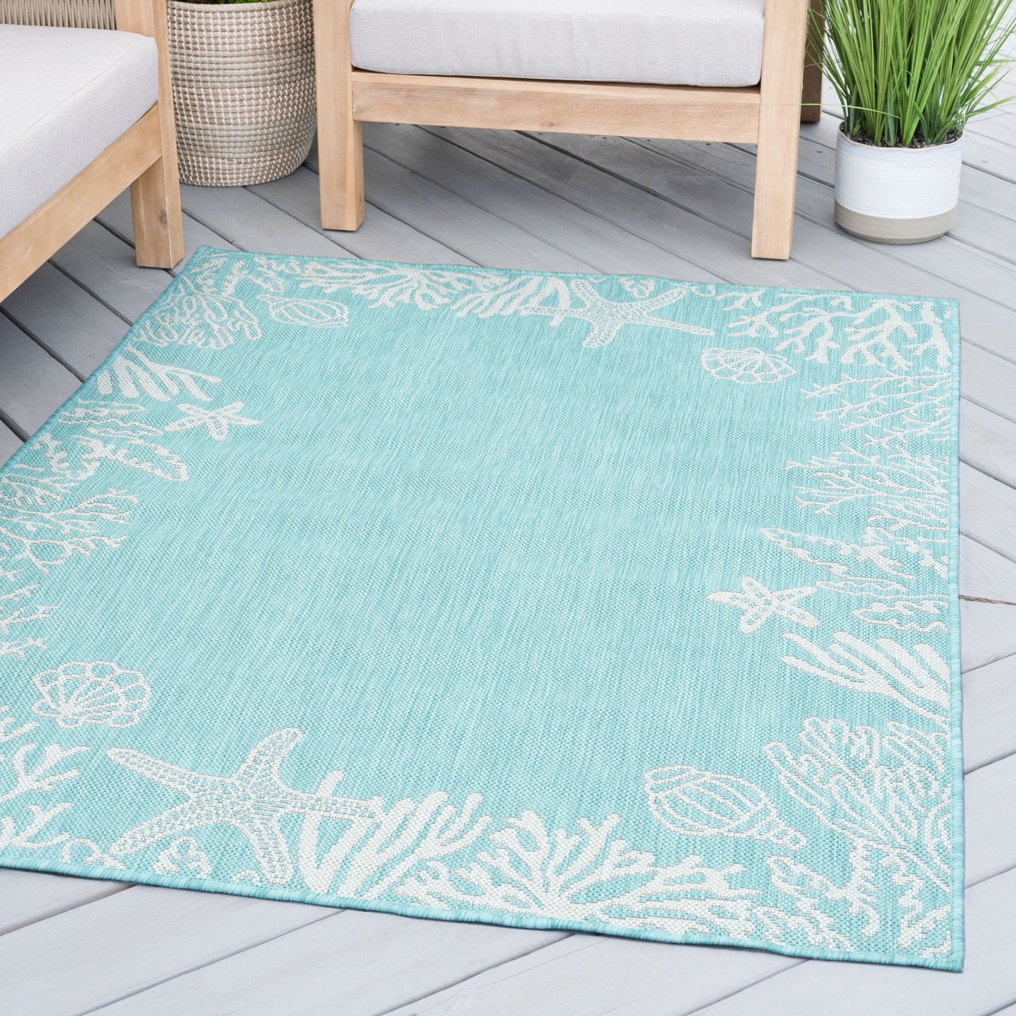 8X10 Water Resistant, Large Indoor Outdoor Rugs for Patios, Front Door Entry, Entryway, Deck, Porch, Balcony | outside Area Rug for Patio | Aqua, Coastal | Size: 7'10'' X 10'2''
