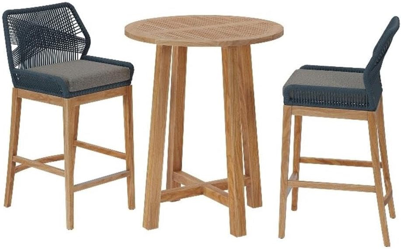 Wellspring 3-Piece Teak Wood Outdoor Bar Set in Blue Graphite – Bar Height Patio Dining Set with 2 Woven Rope Bar Stools and 1 Wood Pub Table
