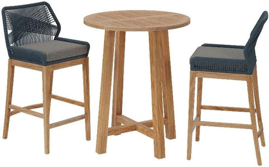 Wellspring 3-Piece Teak Wood Outdoor Bar Set in Blue Graphite – Bar Height Patio Dining Set with 2 Woven Rope Bar Stools and 1 Wood Pub Table