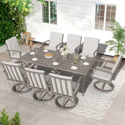 Alulux 9-Piece Aluminum Outdoor Dining Set with Swivel Rockers Chairs and Gray Cushions