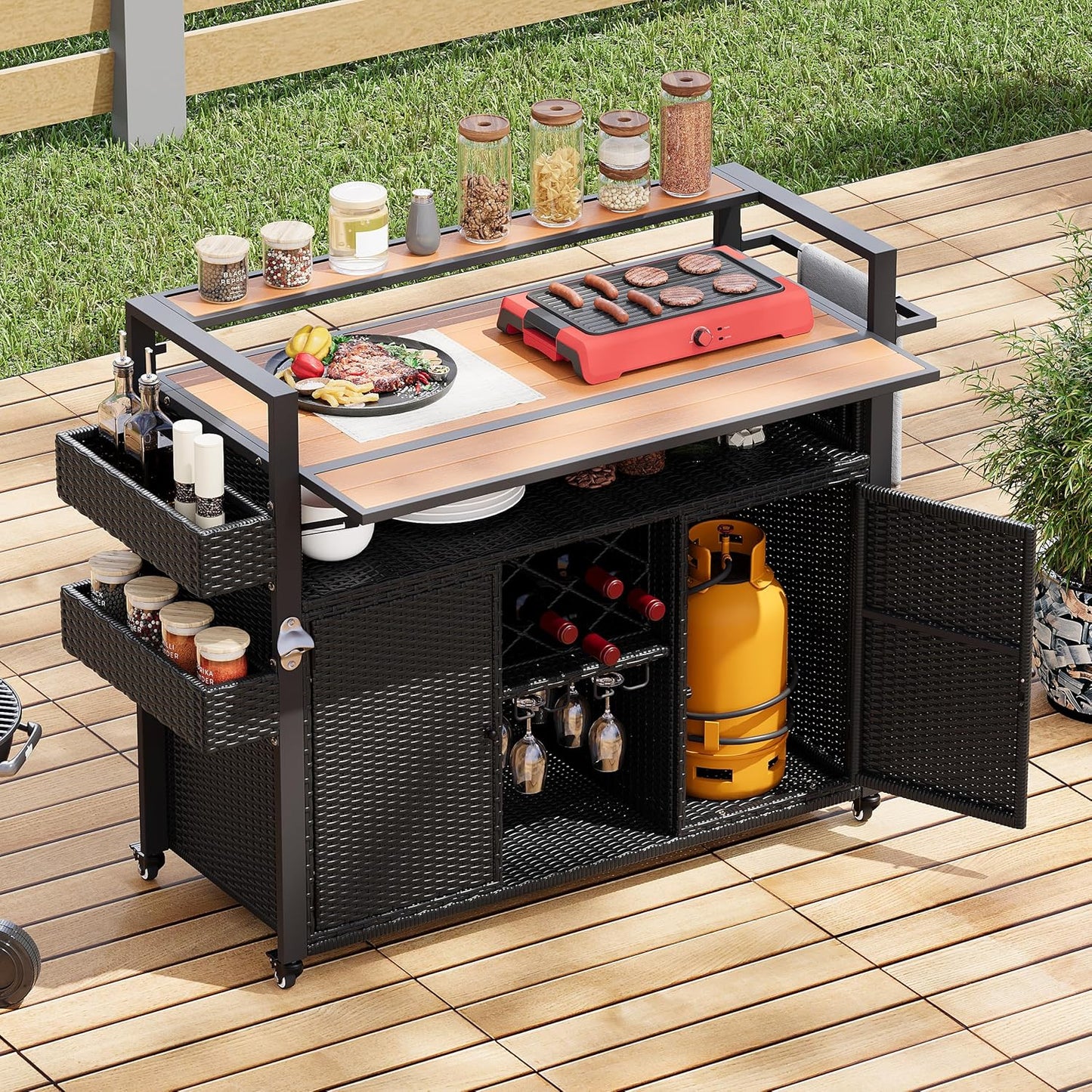Outdoor Grill Cart BBQ Prep Station, Double Tabletop Rolling Wicker Kitchen Island with 7 Adjustable Shelves & Wine Rack, Weather-Resistant Storage Cabinet for Patio Backyard Garden, Black