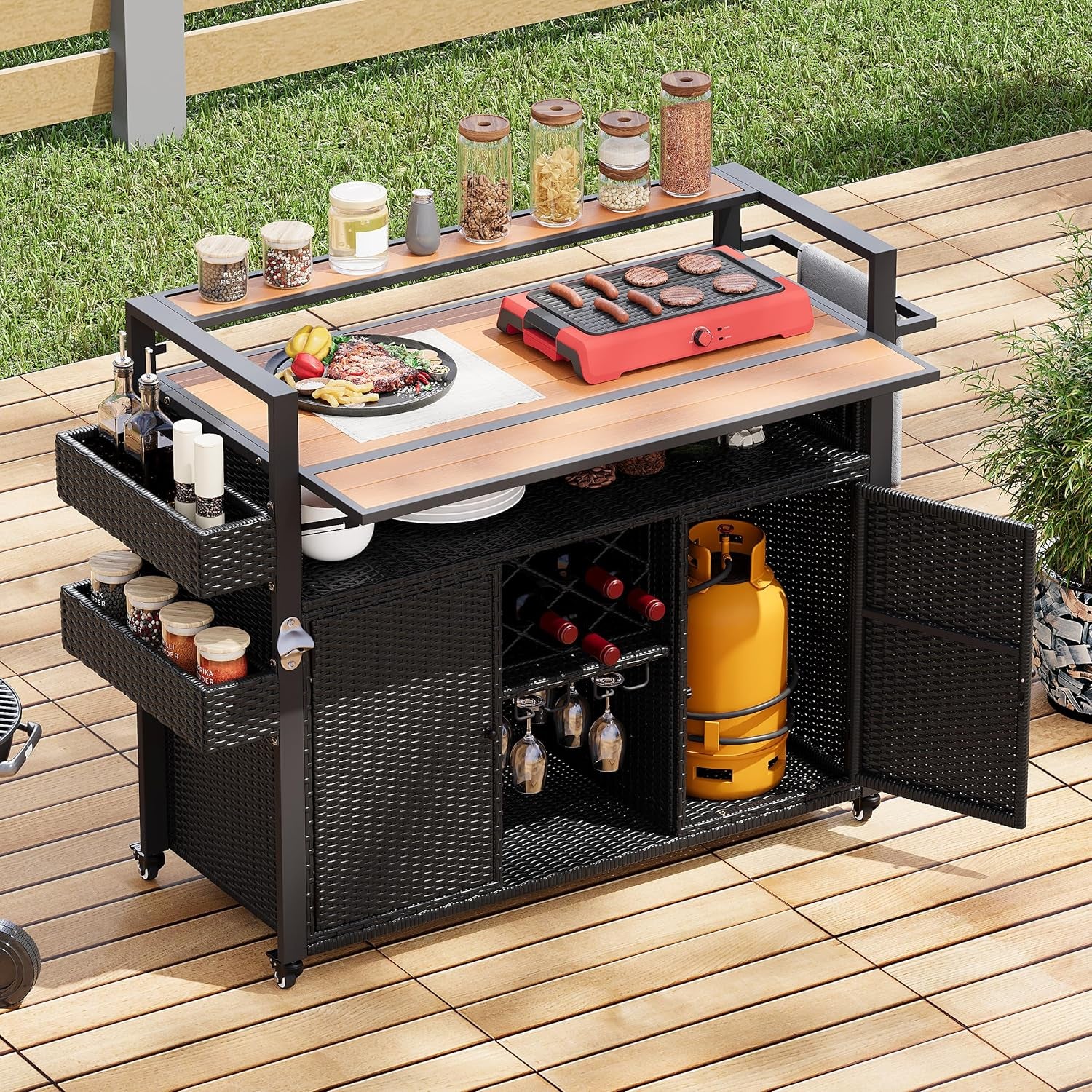 Outdoor Grill Cart BBQ Prep Station, Double Tabletop Rolling Wicker Kitchen Island with 7 Adjustable Shelves & Wine Rack, Weather-Resistant Storage Cabinet for Patio Backyard Garden, Black
